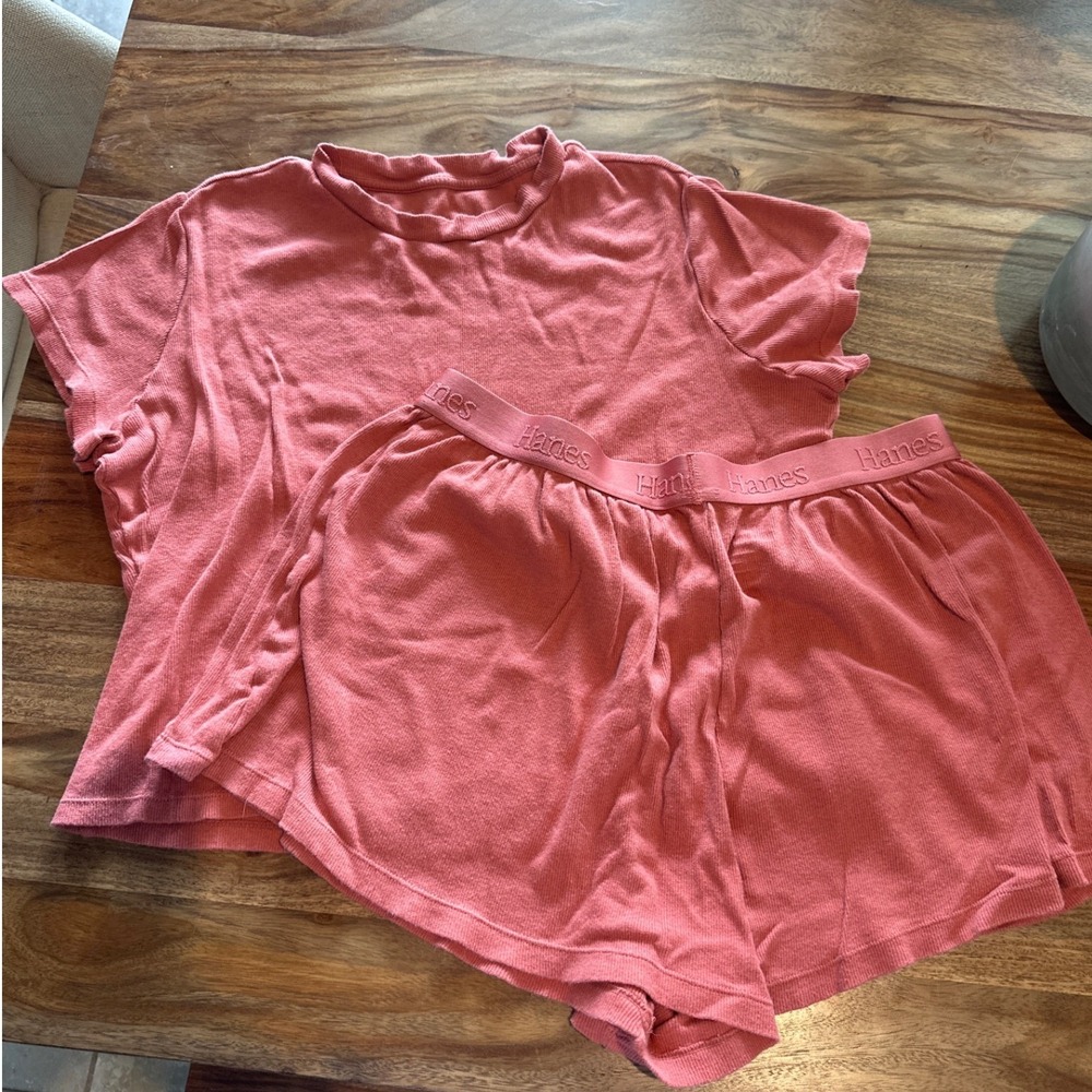 Hanes Womens Lounge Set Rose Pink Bamboo Blend Ribbed Top and Shorts Size Large